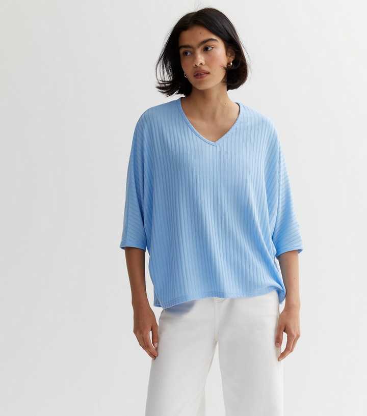 Pale Blue Ribbed Fine Knit V Neck Batwing Top
