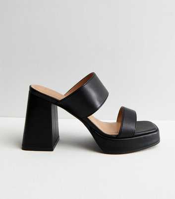 Black Leather-Look Platform Block Heel Mule Sandals
