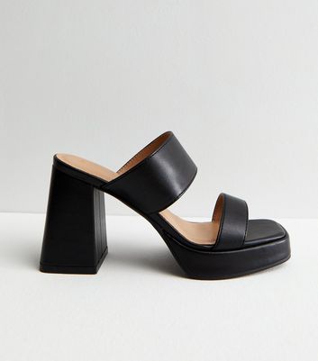 Black Leather-Look Platform Block Heel Mules | New Look