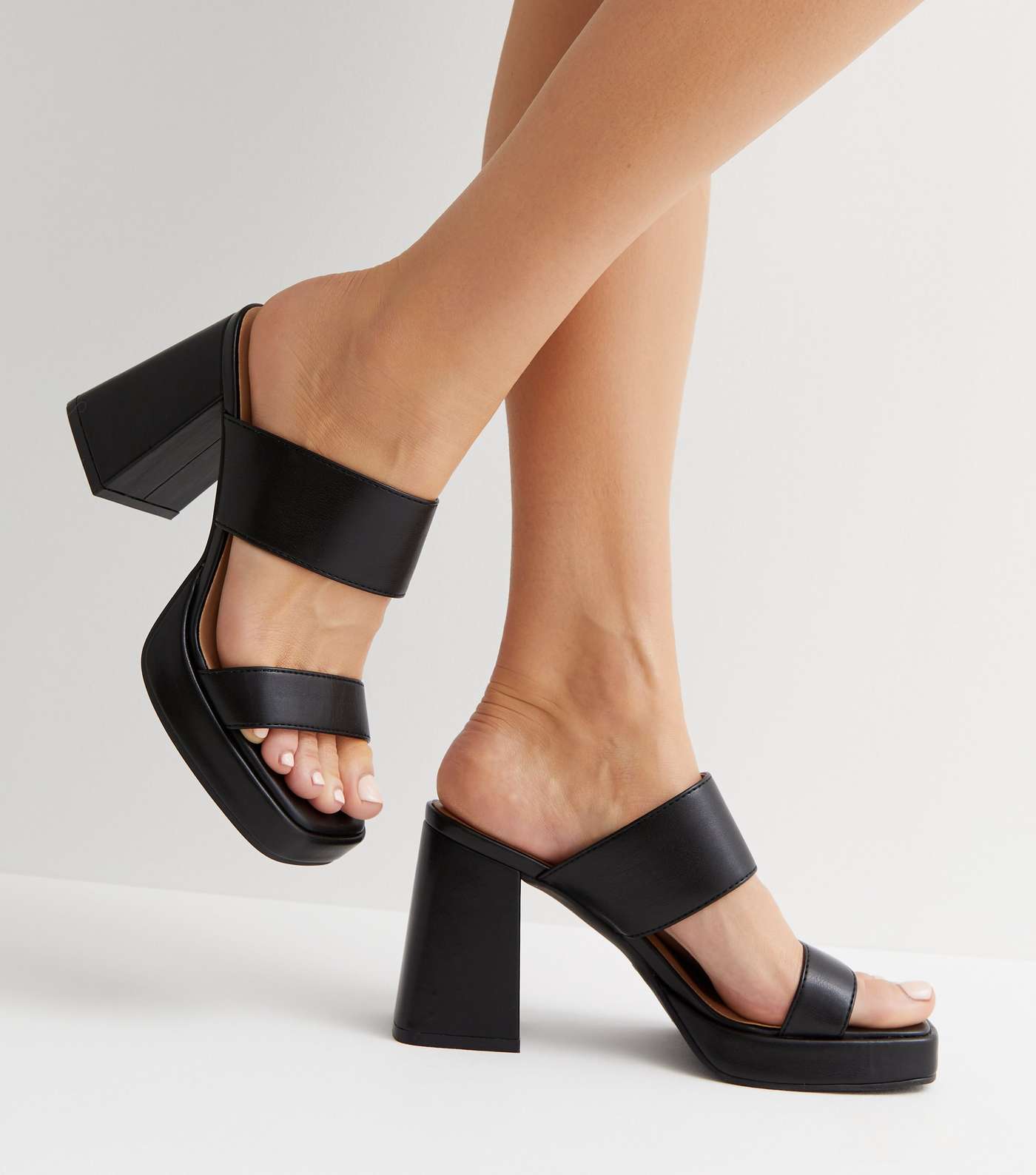 Black Leather-Look Platform Block Heel Mule Sandals Image 2