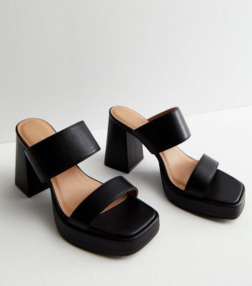 Black Leather Look Platform Block Heel Mule Sandals New Look