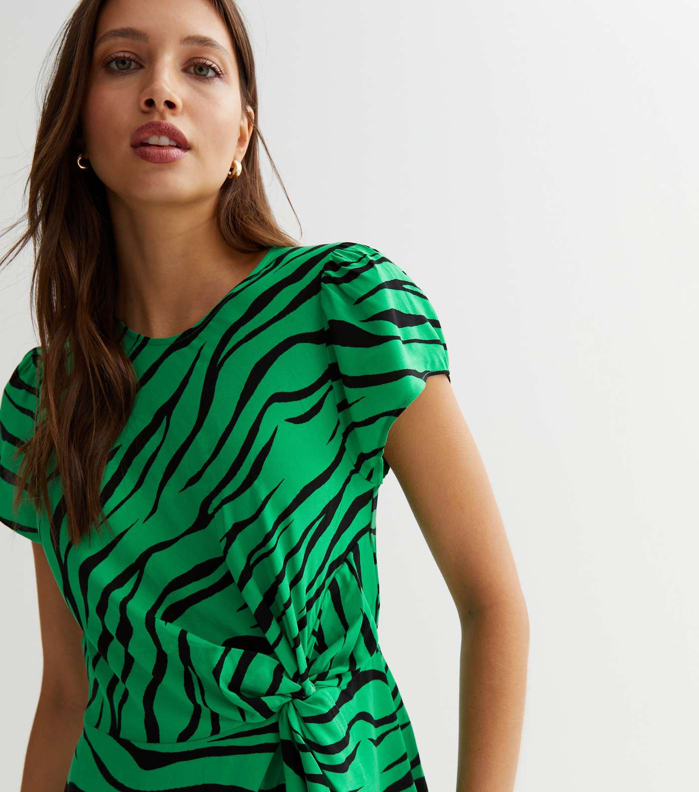 Green Zebra Print Knot Side Midi Dress Image 3