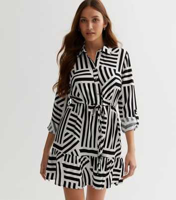 White Geometric Stripe Drawstring Tiered Mini Shirt Dress