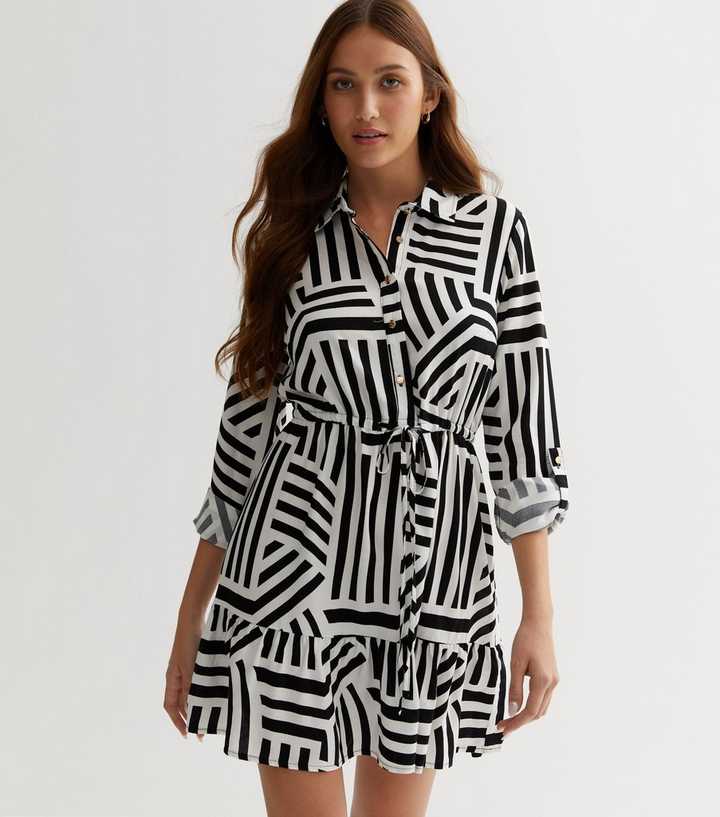 White Geometric Stripe Drawstring Tiered Mini Shirt Dress | New Look