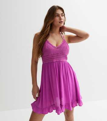 Purple Crochet Frill Mini Beach Dress