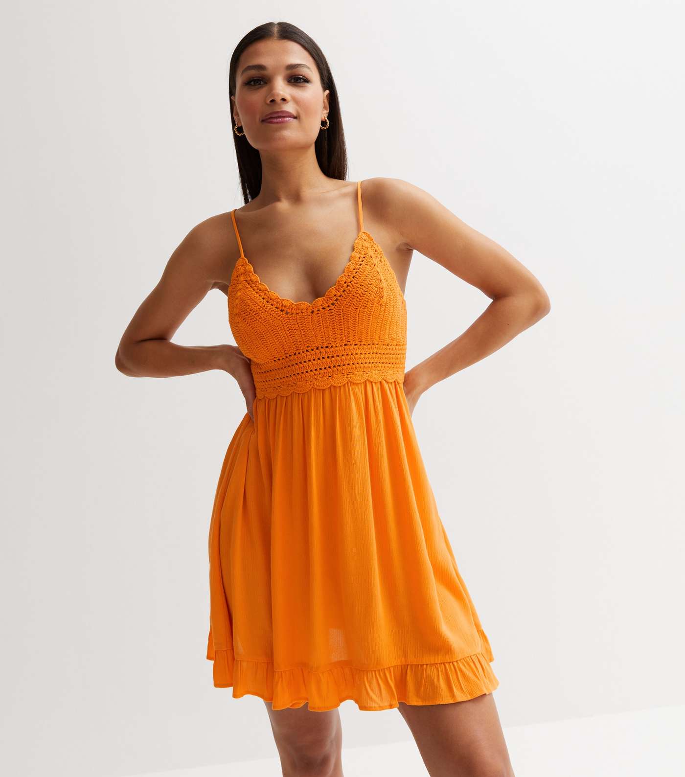 Orange Crochet Frill Mini Beach Dress