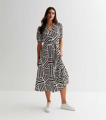 White Geometric Stripe Puff Sleeve Midi Shirt Dress