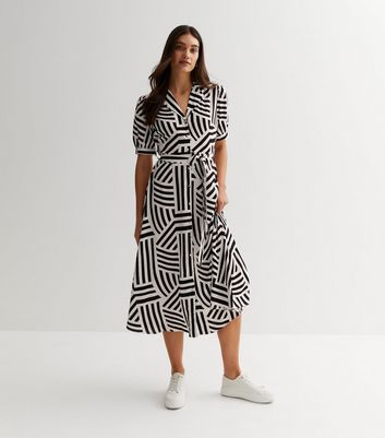 White Geometric Stripe Puff Sleeve Midi Shirt Dress New Look