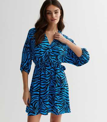 Blue Zebra Print 3/4 Sleeve Mini Wrap Dress