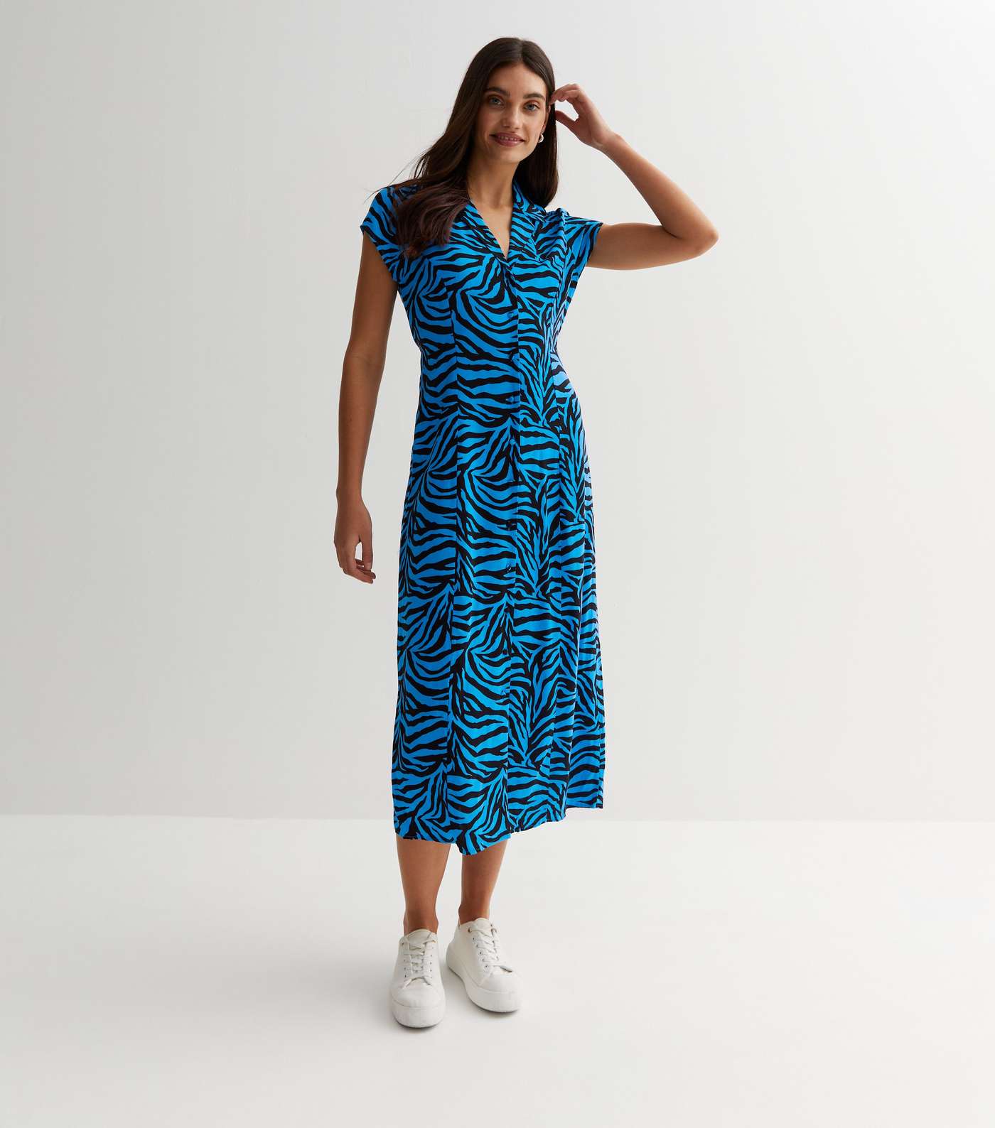 Blue Zebra Print Button Front Midaxi Shirt Dress Image 2