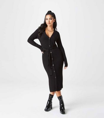 Urban Bliss Black Ribbed Knit Long Sleeve Button Front Belted Midi Dress