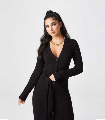 Urban Bliss Black Ribbed Knit Long Sleeve Button Front Belted Midi