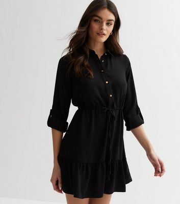 Black Drawstring Tiered Mini Shirt Dress
