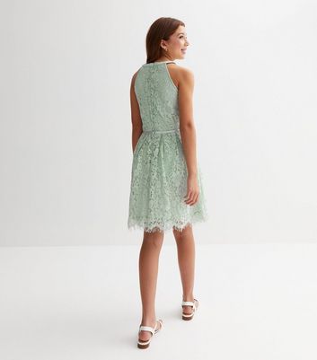 Girls Light Green Lace Halter Mini Skater Dress New Look