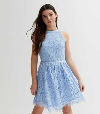 Girls Pale Blue Lace Halter Mini Skater Dress