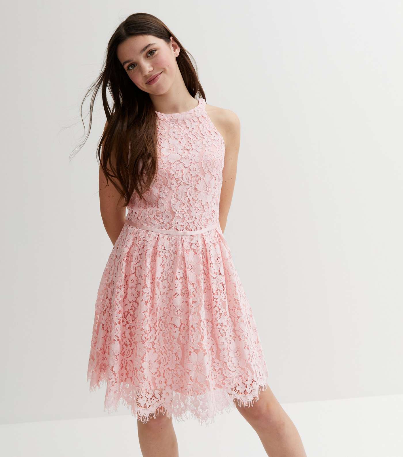 Girls Pink Lace Halter Mini Skater Dress Image 2