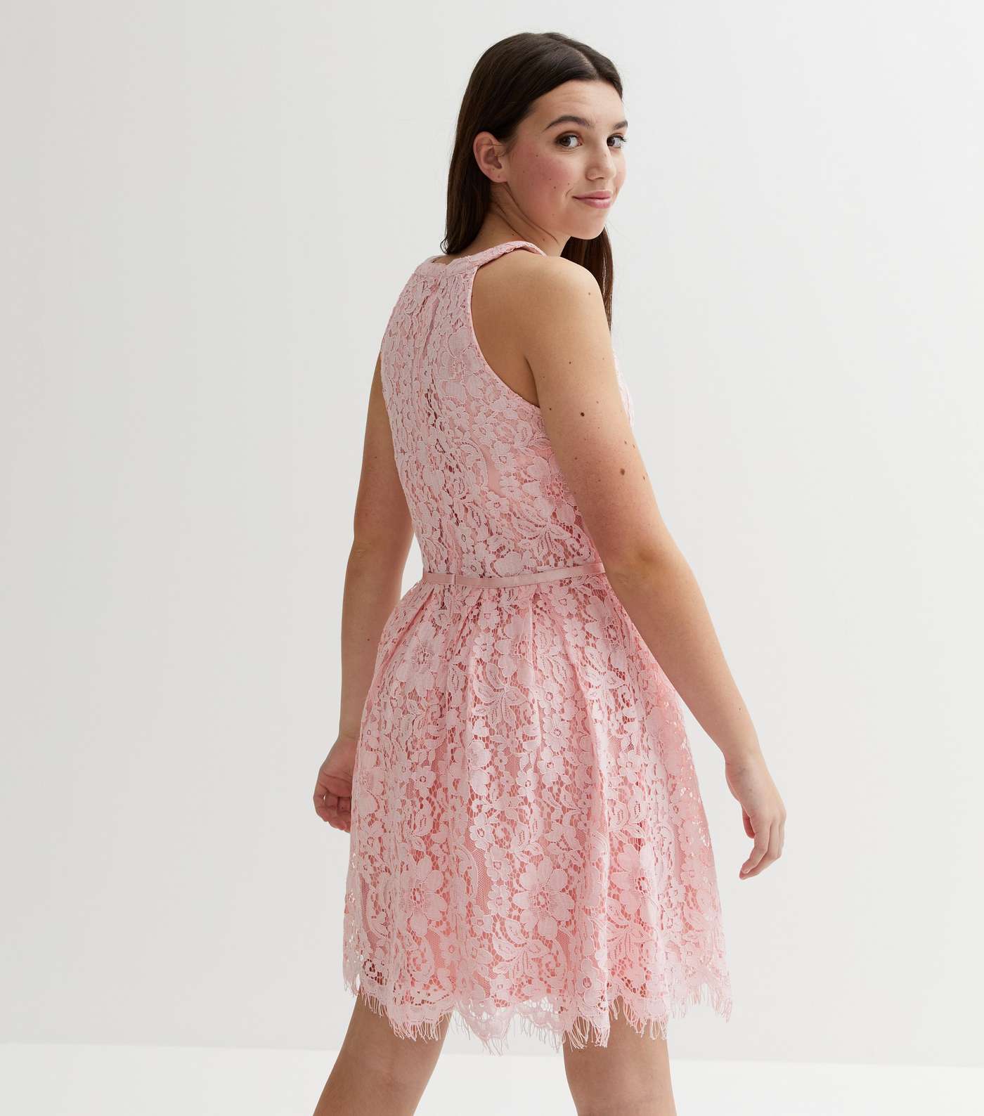 Girls Pink Lace Halter Mini Skater Dress Image 4