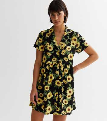Black Sunflower Short Sleeve Mini Shirt Dress