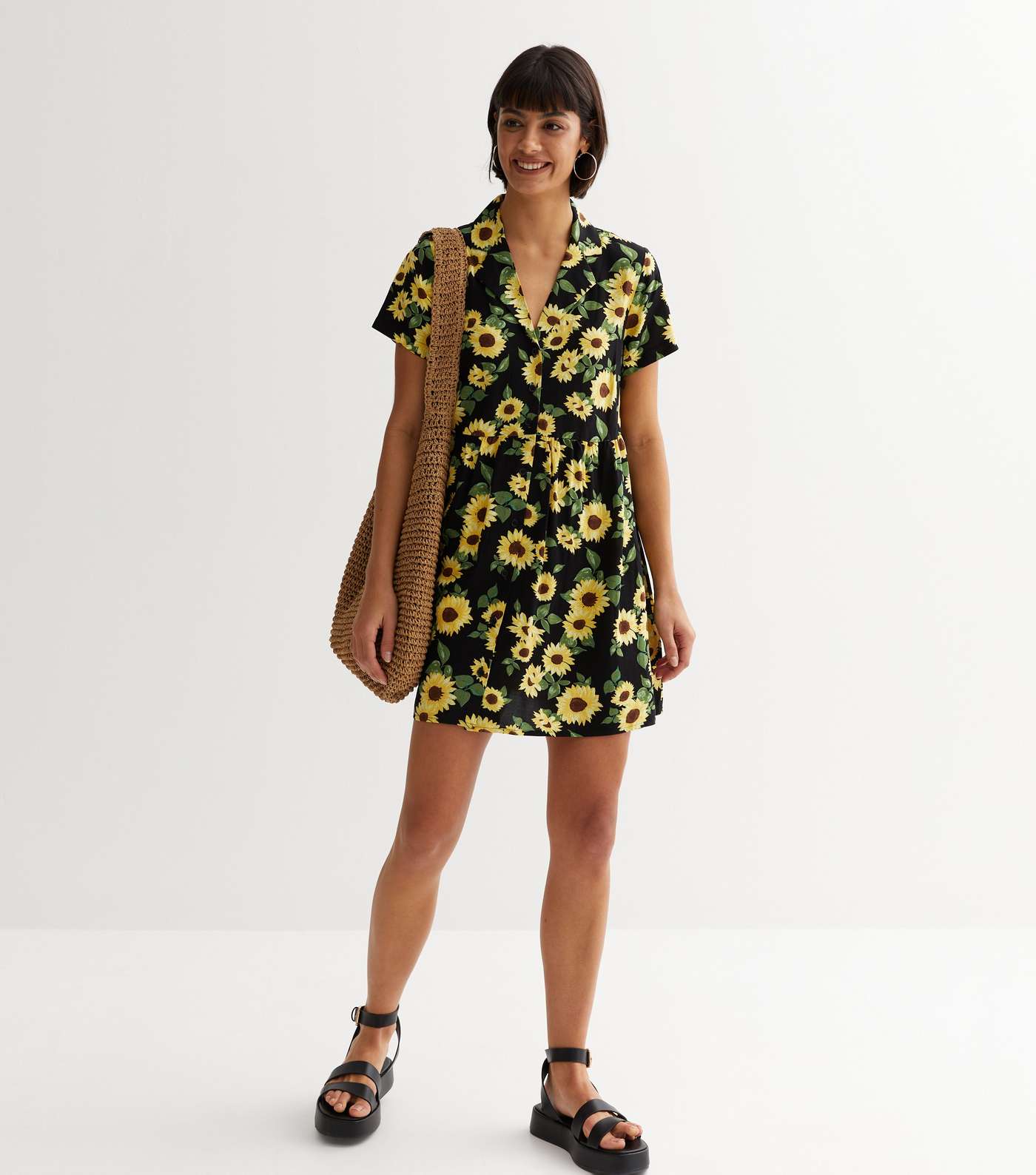 Black Sunflower Short Sleeve Mini Shirt Dress Image 3