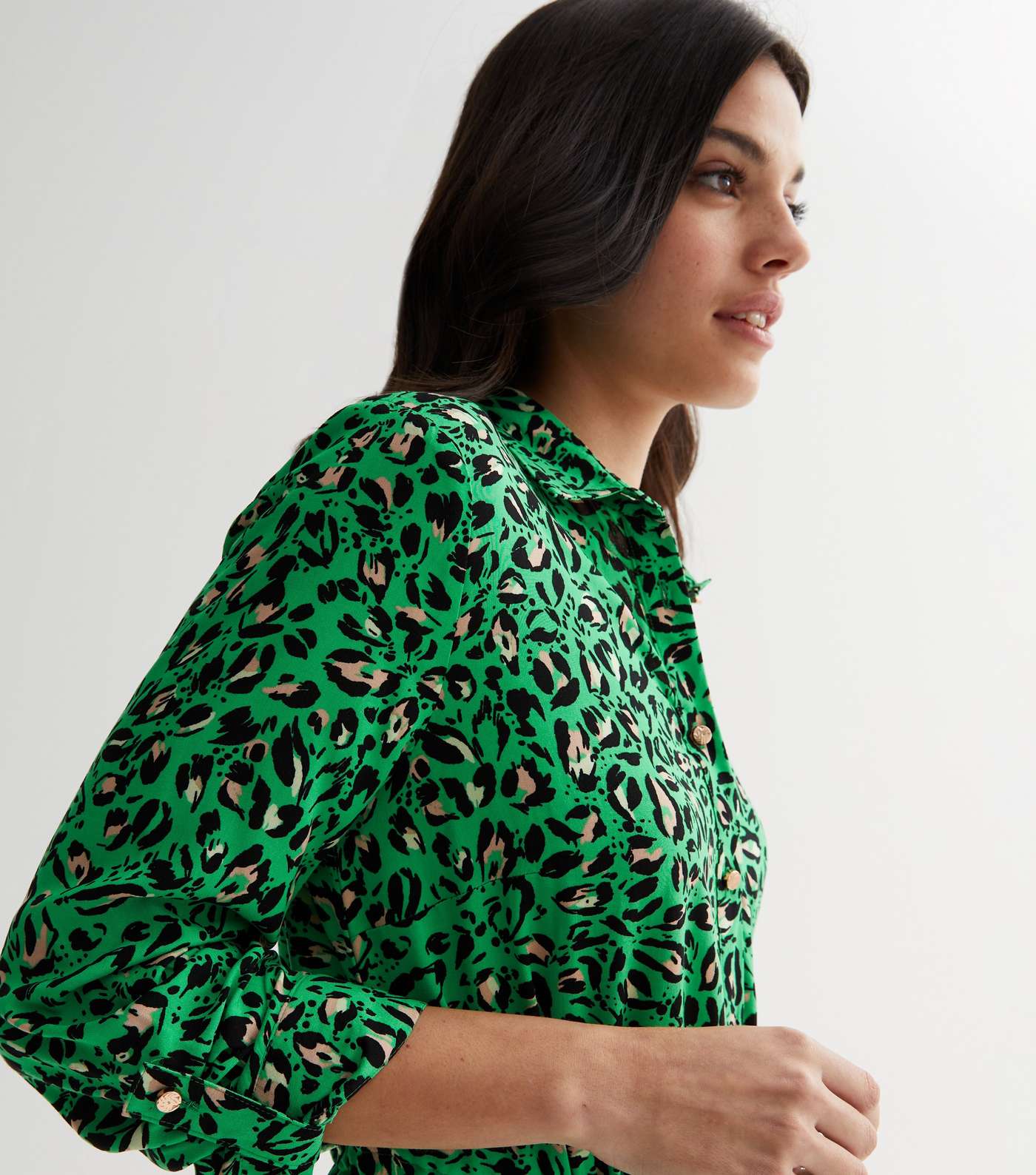 Green Animal Print Drawstring Tiered Mini Shirt Dress Image 3