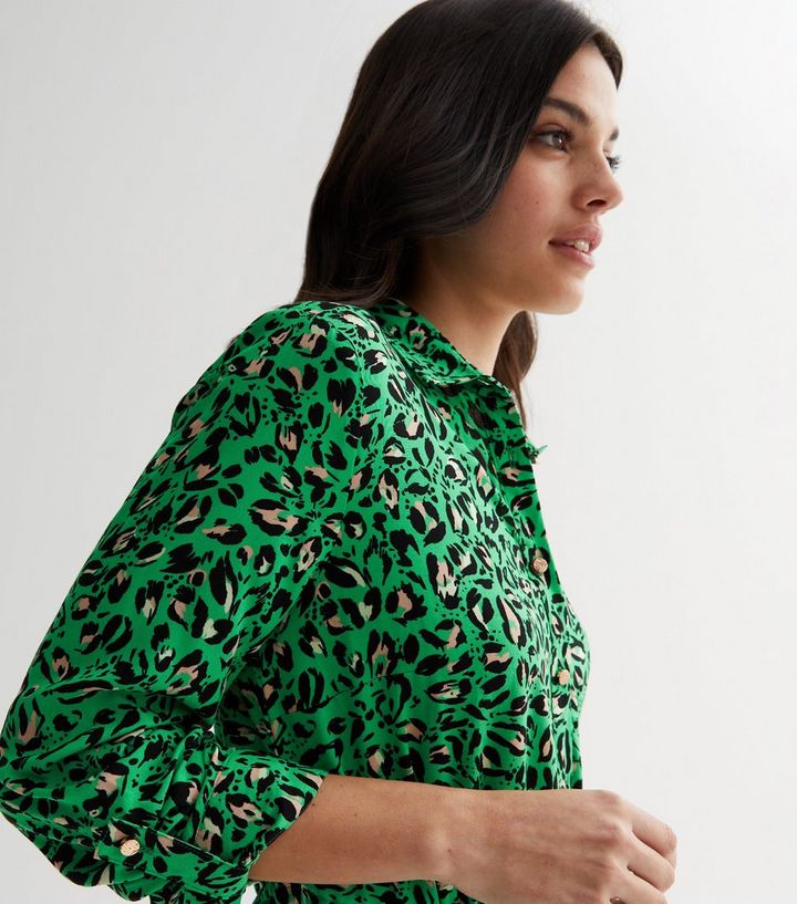 Green Animal Print Drawstring Tiered Mini Shirt Dress | New Look