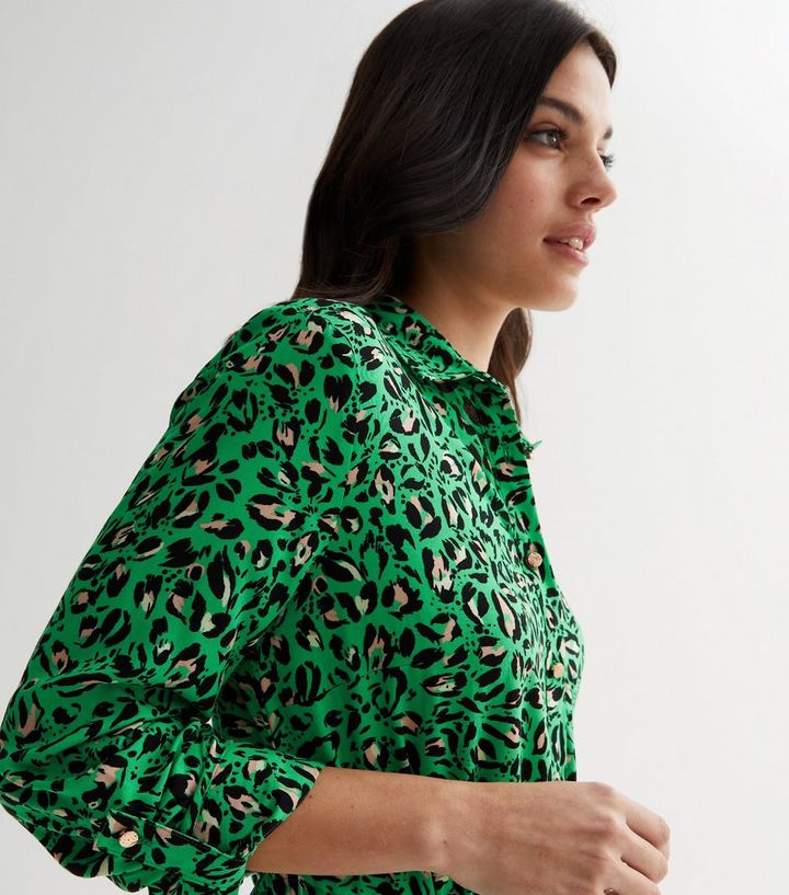 Green Animal Print Drawstring Tiered Mini Shirt Dress | New Look Green Animal Print Drawstring Tiered Mini Shirt Dress | New Look