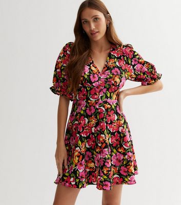 Multicoloured Floral Puff Sleeve Mini Dress New Look