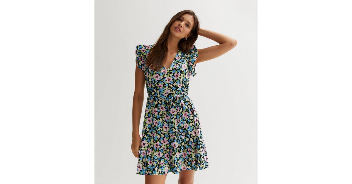 Black Floral Frill Sleeve Mini Dress | New Look