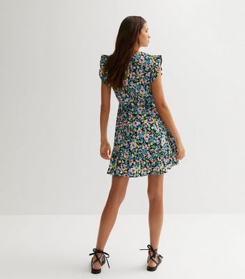 Black floral frill outlet dress