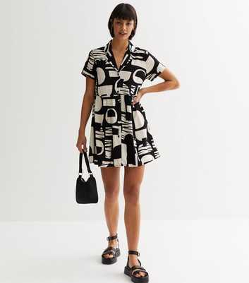 Black Abstract Short Sleeve Mini Shirt Dress
