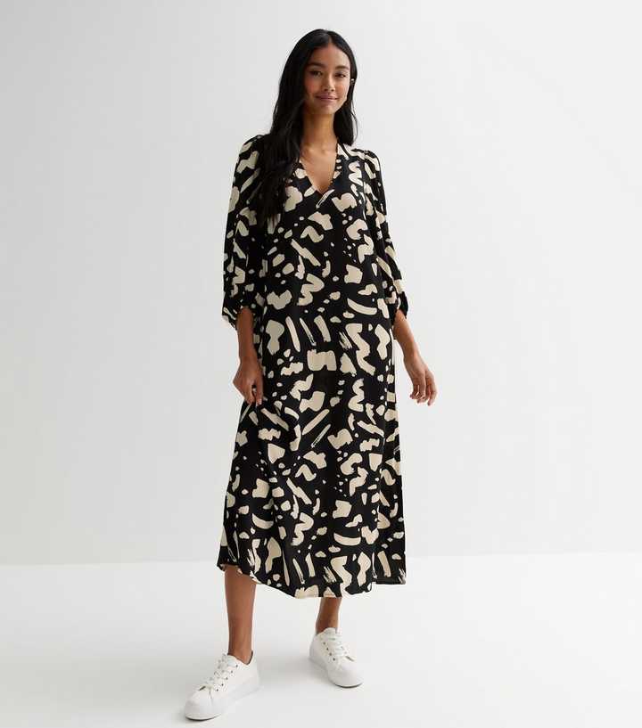 Black Mark Making Puff Sleeve Midi Dress