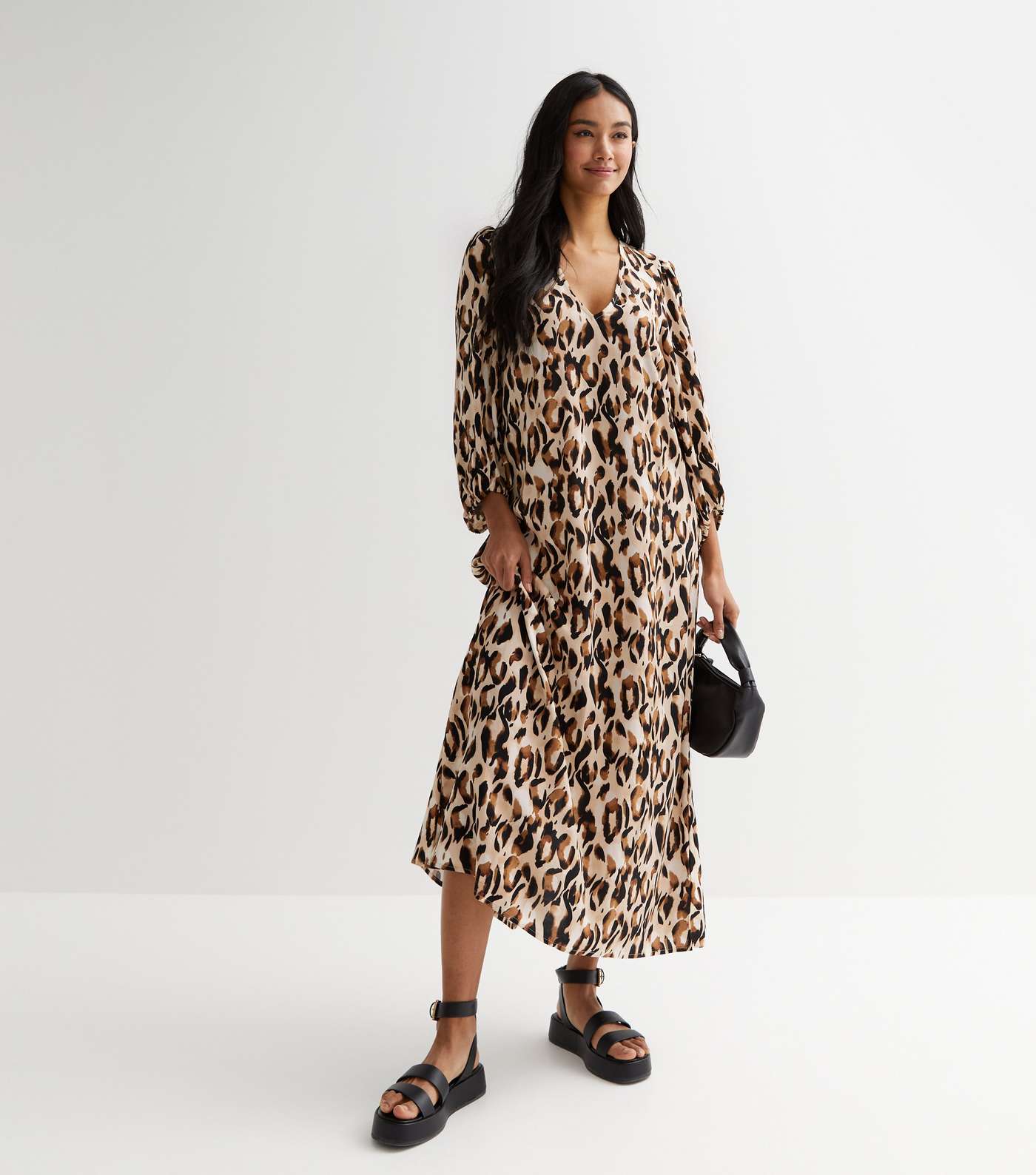 Brown Leopard Print Puff Sleeve Midi Smock Dress Image 2