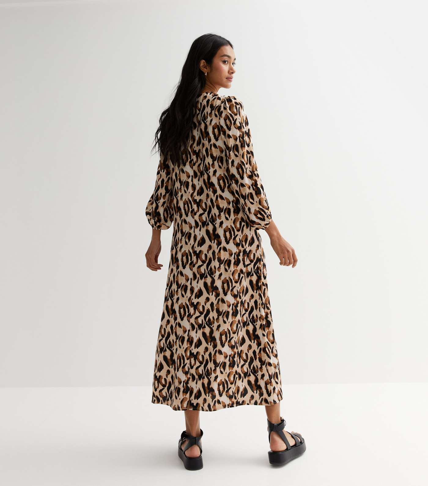 Brown Leopard Print Puff Sleeve Midi Smock Dress Image 4