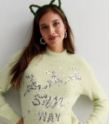 Sunshine Soul Women's Mint Green Fluffy Knit Sequin Snow Way Logo Jumper New Look - L