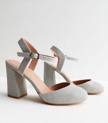 Paradox London Deja Silver Glitter Mid Block Heel Wide Fit Ankle Strap  Court Shoes | Freemans