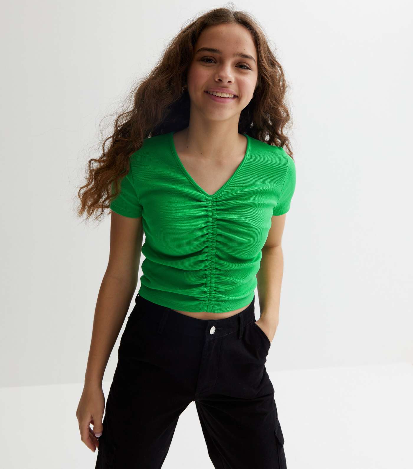 Girls Green Ribbed Ruched Front Crop Top