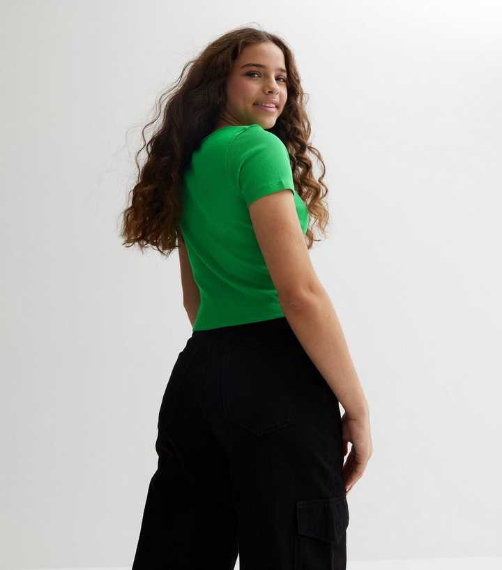Green Ribbed Ruched Front Crop Top New Look