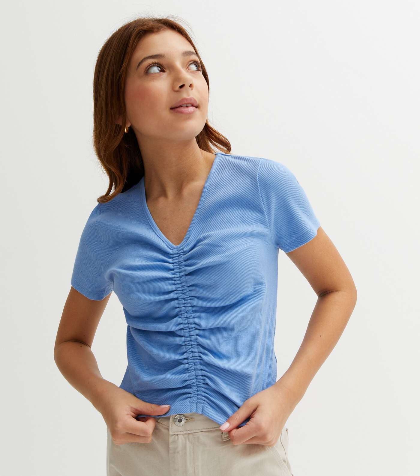 Girls Blue Ribbed Ruched Front Top Image 2