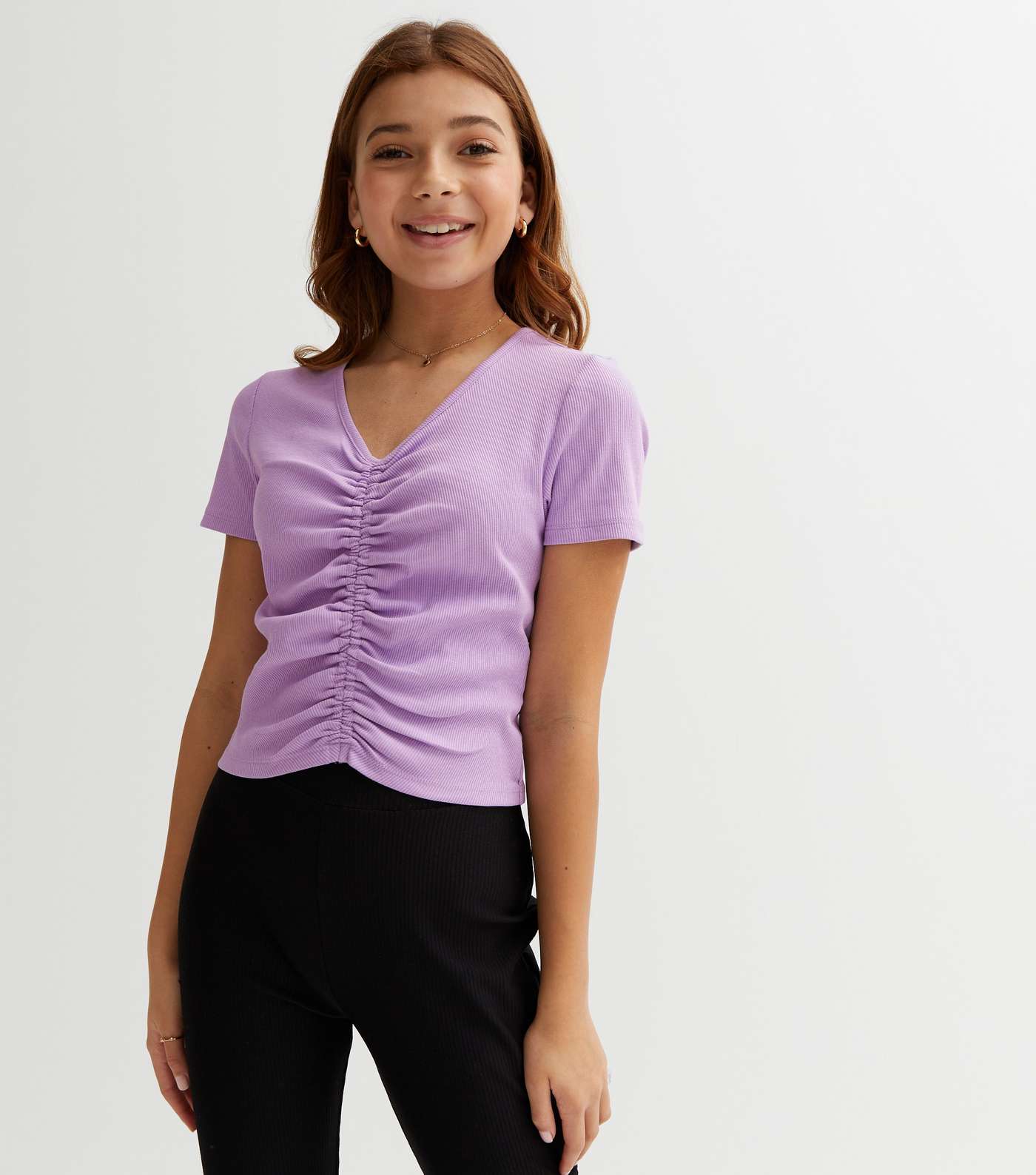 Girls Light Purple Ribbed Ruched Front Top Image 2