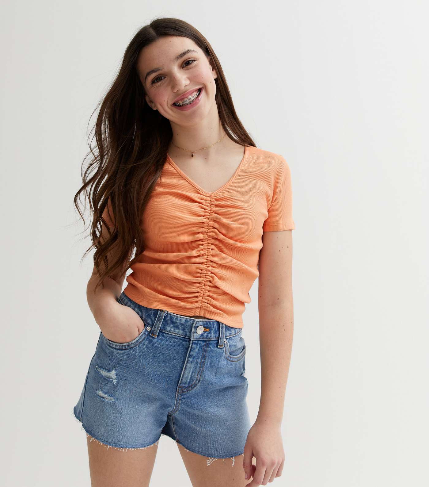 Girls Coral Ribbed Ruched Front Top Image 2