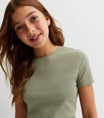 Girls Olive Ribbed Short Sleeve T-Shirt