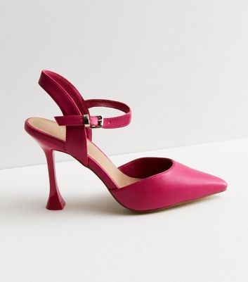 Bright Pink Leather-Look Flared Stiletto Heel Sandals New Look