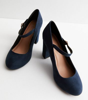 Wide Fit Navy Suedette Block Heel Mary Jane Shoes New Look