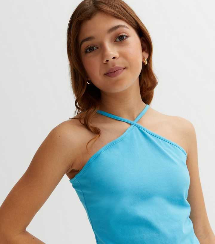 Girls Turquoise Jersey Strappy Halter Top