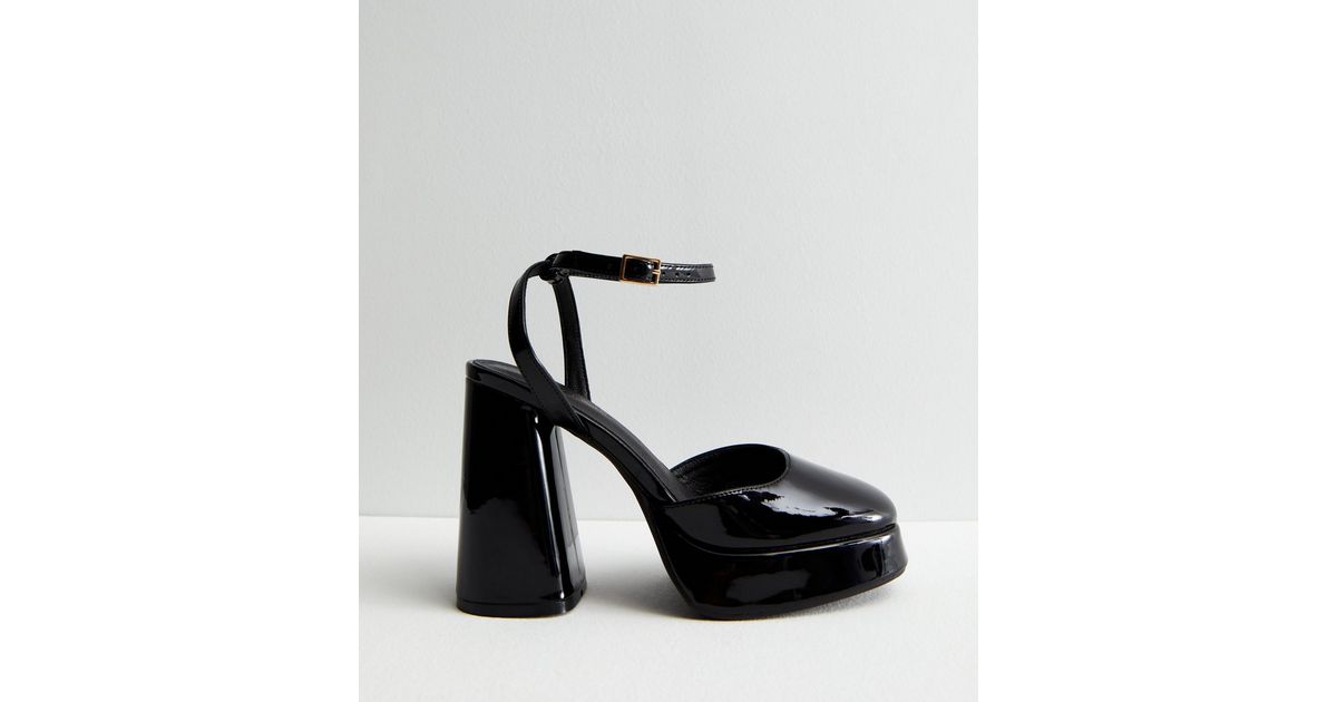 Black Patent 2 Part Platform Block Heel Sandals | New Look