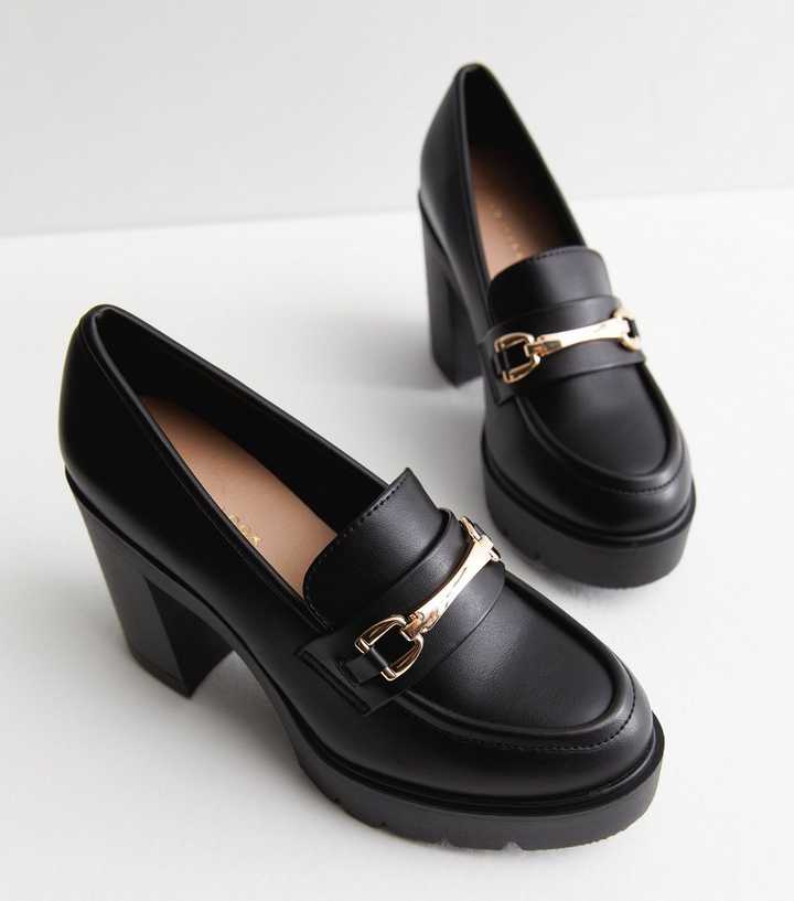 Black Leather-Look Bar Block Loafers | New Look