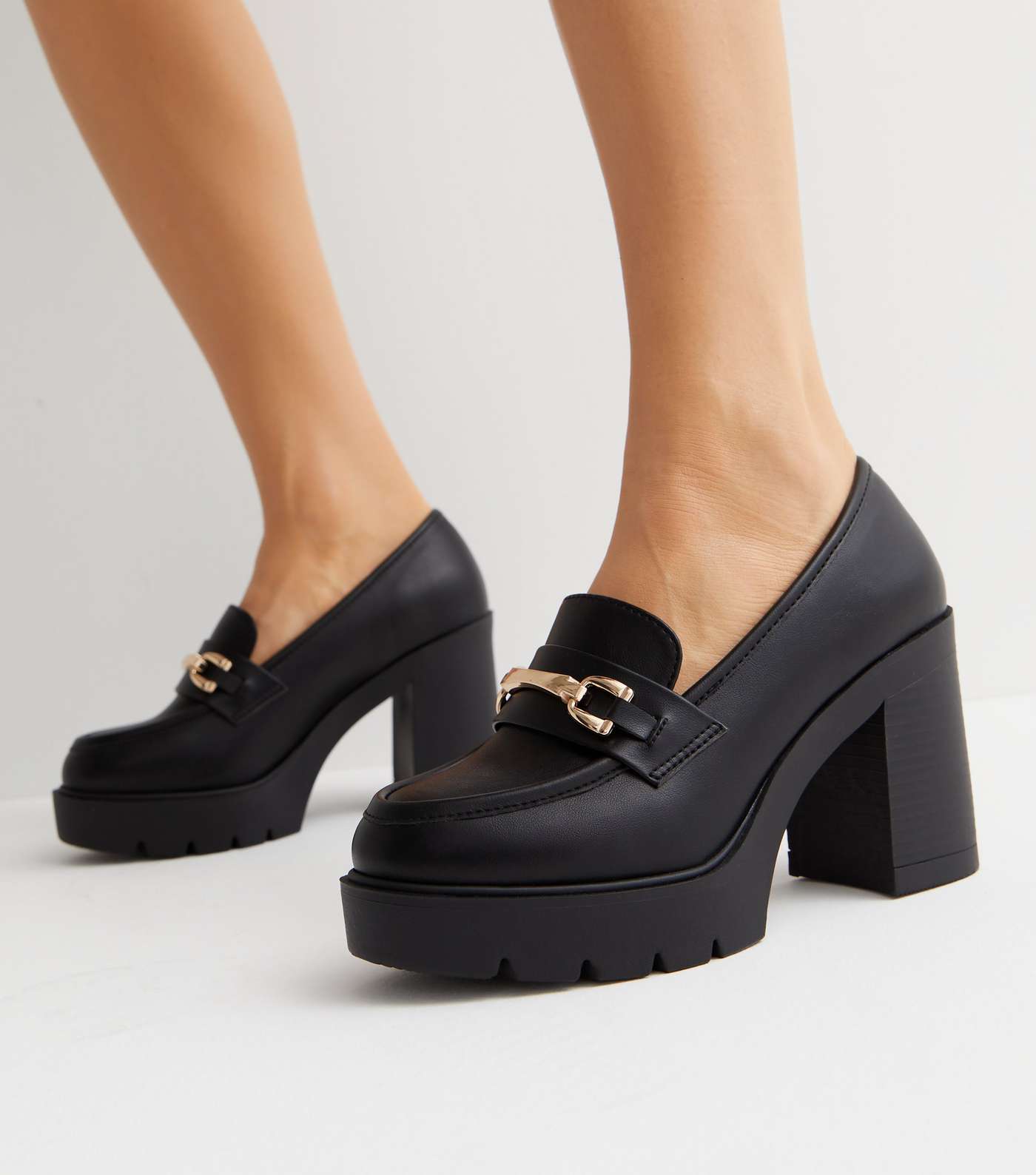 Black Leather-Look Bar Block Heel Loafers Image 2