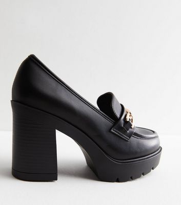 Black Leather-Look Bar Block Heel Loafers | New Look