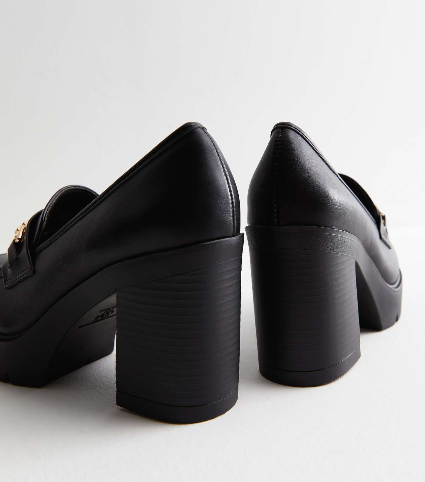 Black Leather-Look Bar Block Heel Loafers Image 4