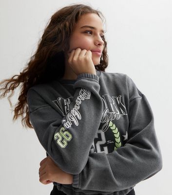 Girls Grey Acid Wash New York Logo Toggle Hem Sweatshirt New Look
